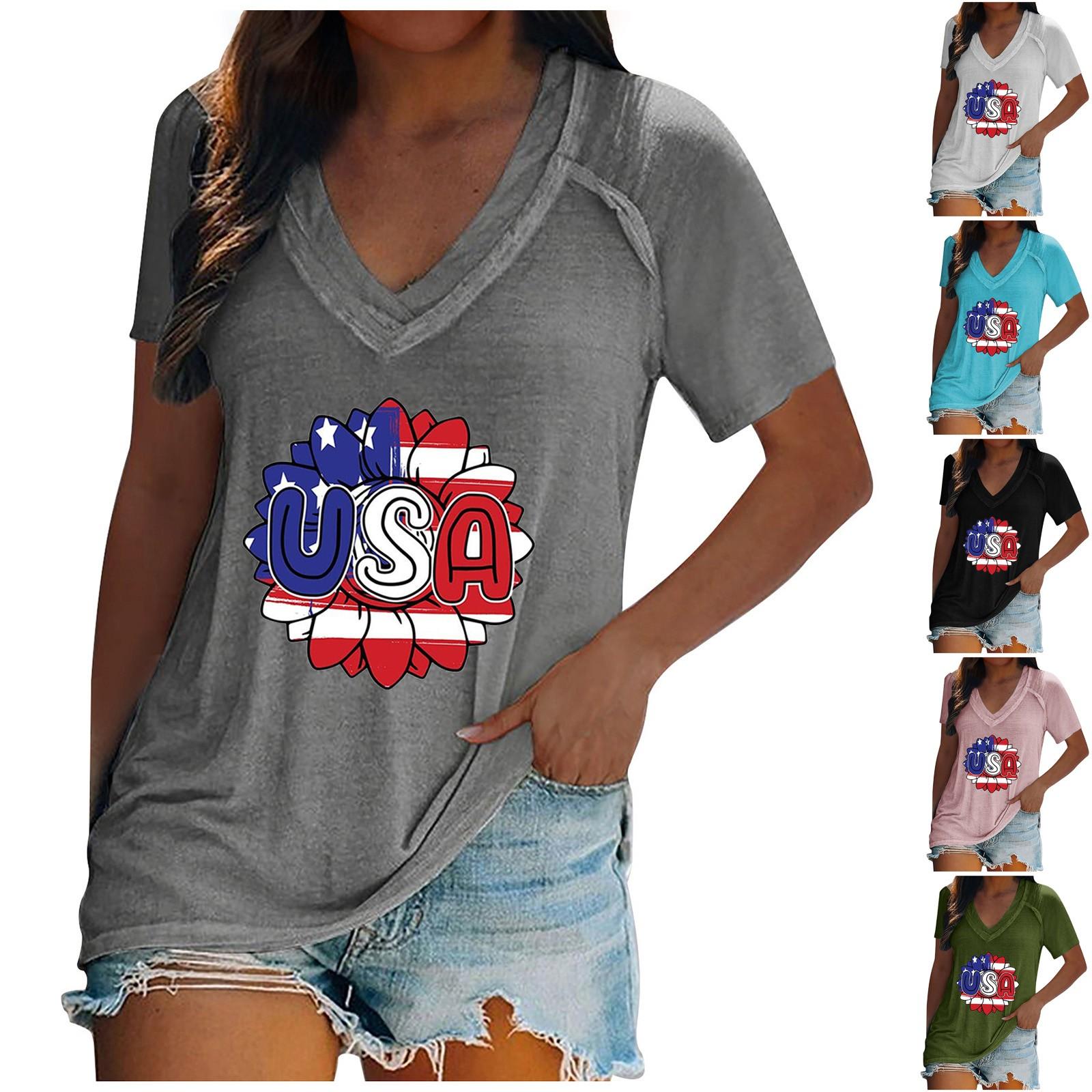 

Женские топы Нарядная Летняя Мода Повседневная Футболка День Независимости Принт Повседневная Футболка Плечевой Рукав V Вырез Тонкая струящаяся туника