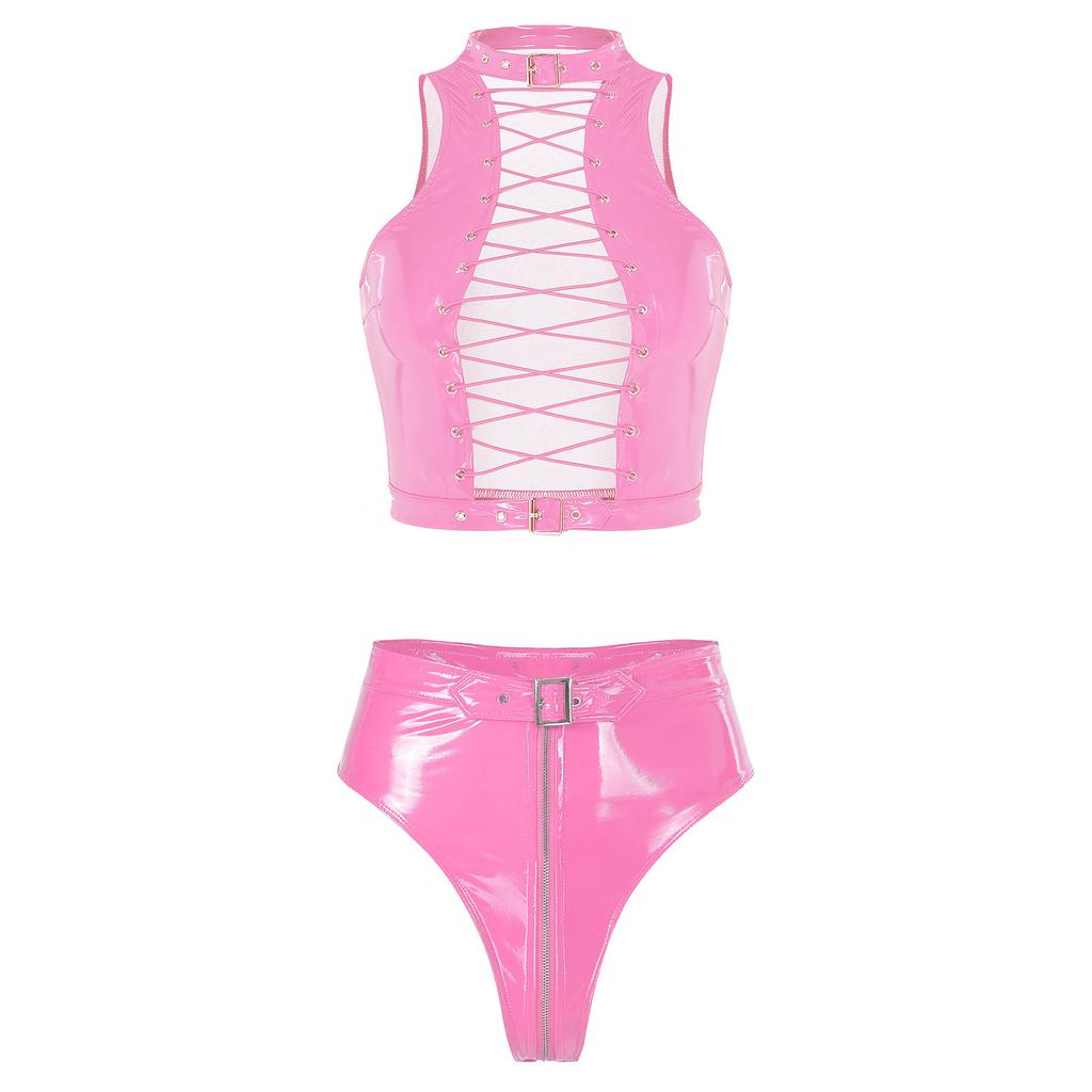 Women Hollow Out Front Tie Up Crop Top with Zipper Crotch High Waist Panties Glossy PU Leather Clubwear for Pole Dancing Rave Party