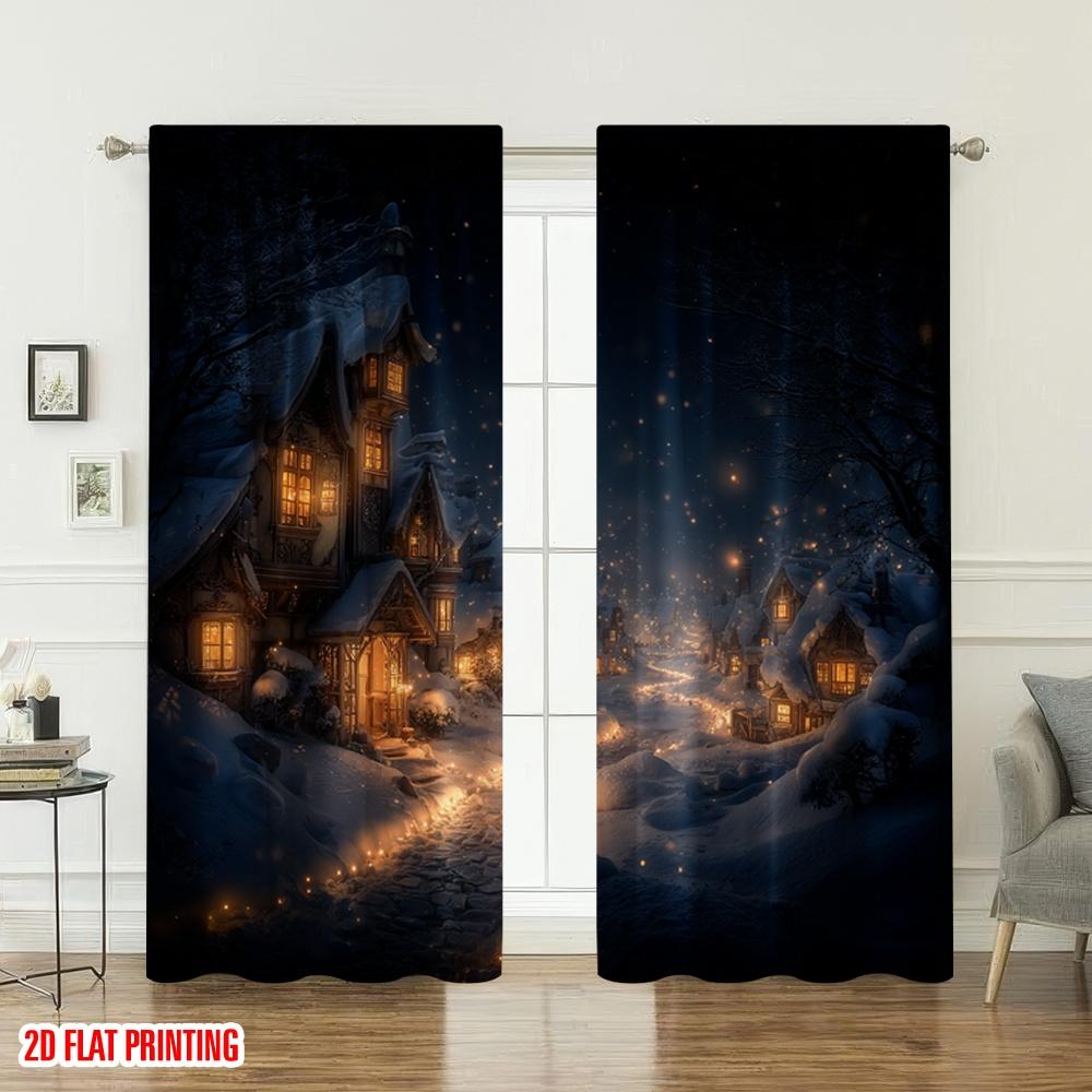 Set Of 2 Flat Printing Merry Christmas Curtains Cozy Winter Village Evening Scene Digital Printed Polyester Drapes Family Party Curtain Made