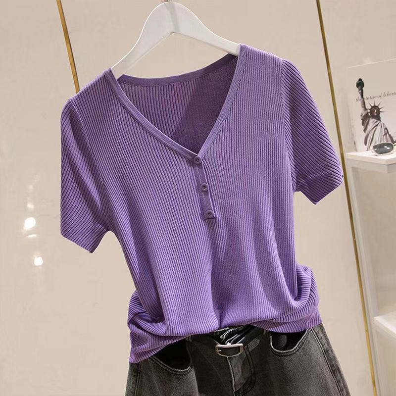 Women Ice Silk Short Sleeve Knitted V Neck T Shirt Versatile Pullover Simple Top