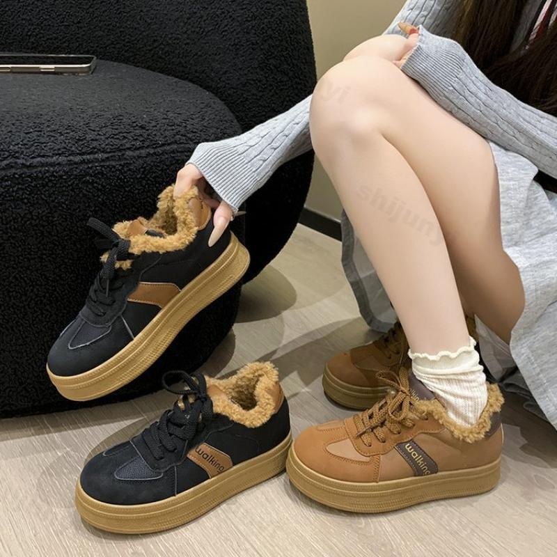 Thicken Women's Platform Sneakers 2026 Winter Fashion Lace Up Comfortable Casual Shoes Outdoor Non Slip Plush Vintage Warm Shoes