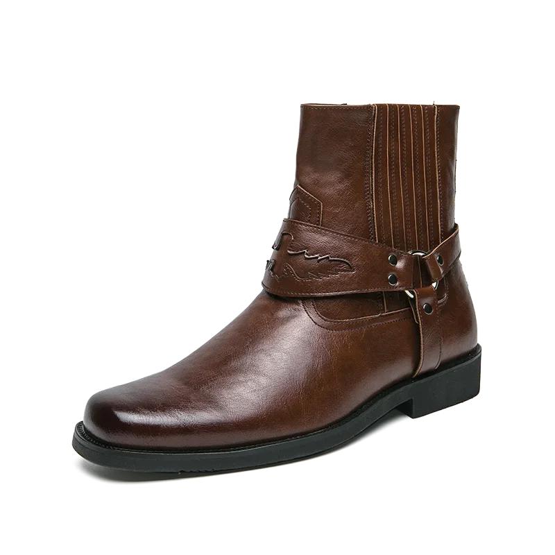 Men's Leather Buckle Chelsea Boots Men's Boots Black Western Cowboy Boot Zipper Vintage Brown Motorcycle Leather Boots