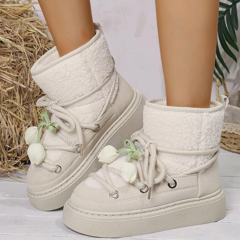 Fashion Floral Bowtie Lace Up Ankle Boots Women Cotton Padded Thicken Plush Snow Boots Plus Size Thick Sole Chunky Platform Cotton Boots