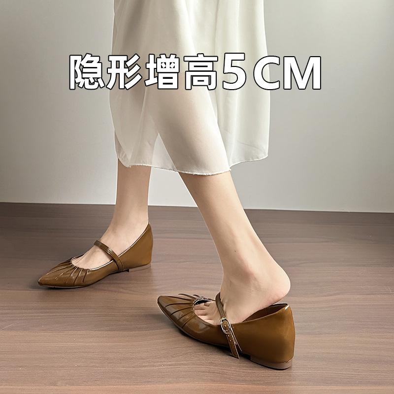 

Женская обувь на скрытой платформе, весна и осень 2025, новая ретро-модель с перемычкой в стиле Мэри Джейн, плиссированные туфли-лодочки с острым носком 40 хаки