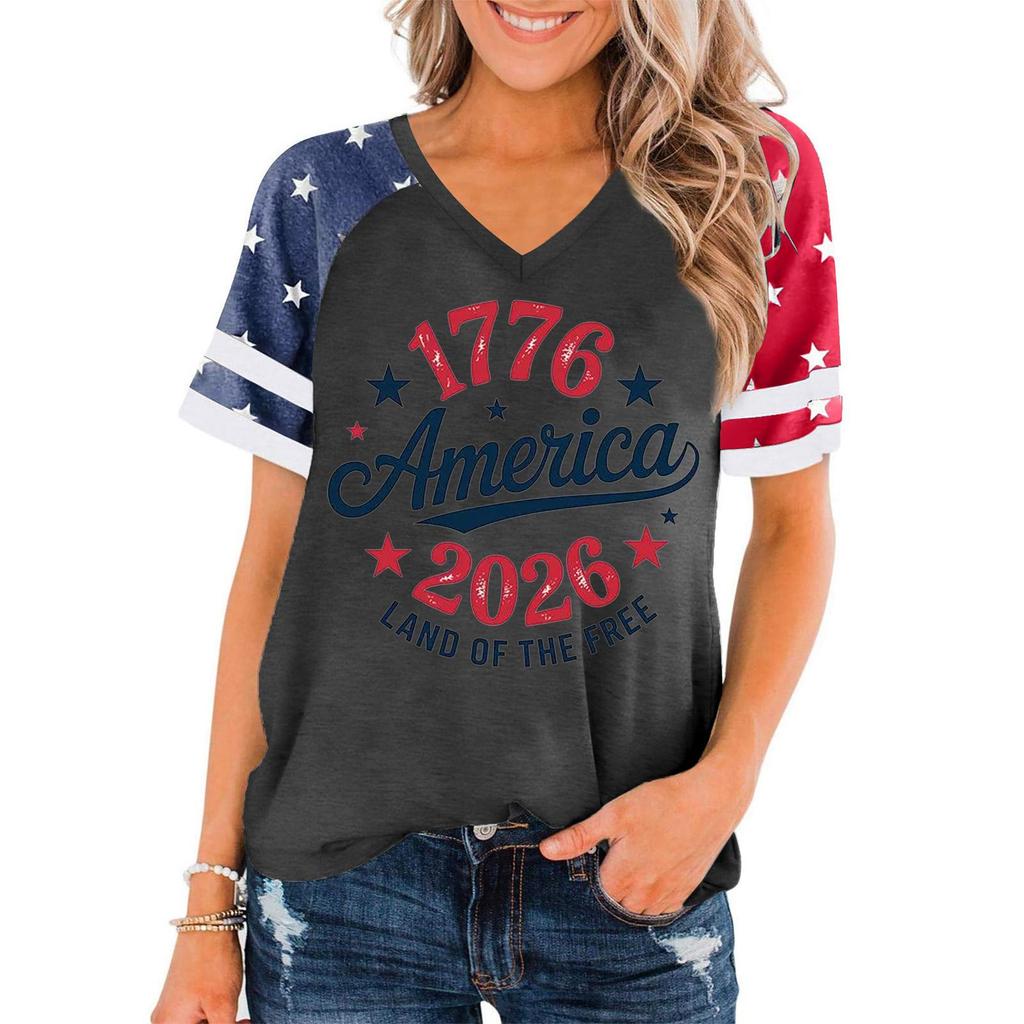 Women V Neck Short Sleeve Pullover T Shirt Casual Loose Fit Patriotic Print Independence Day Top