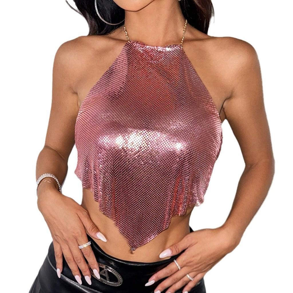 Metallic Sequin Crop Top For Women With Halter Neck Streetwear