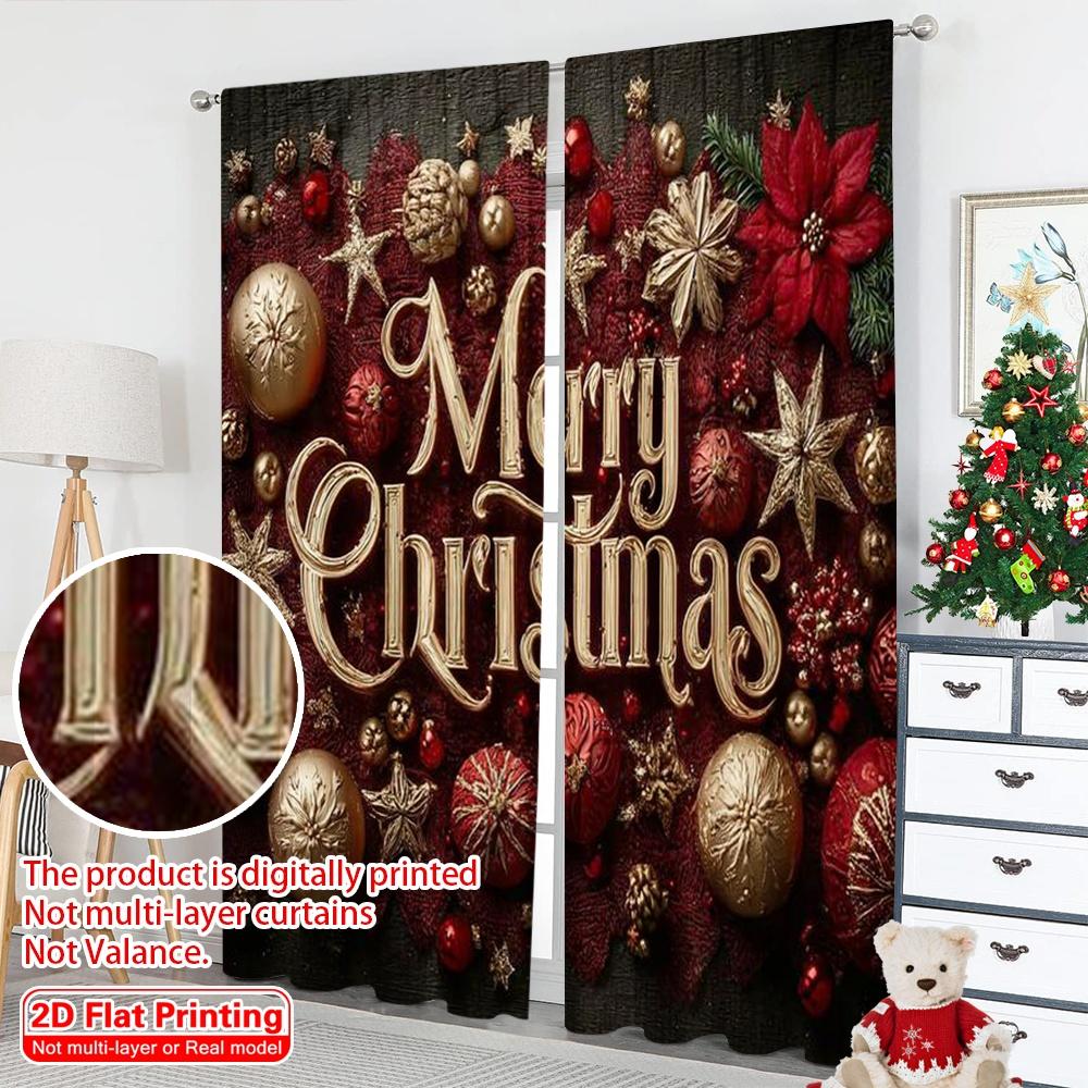 2pcs 2D Flat Printing Merry Christmas Scene Curtains Red Christmas Fabric Without Electricity Spring Perfect for Holiday Family