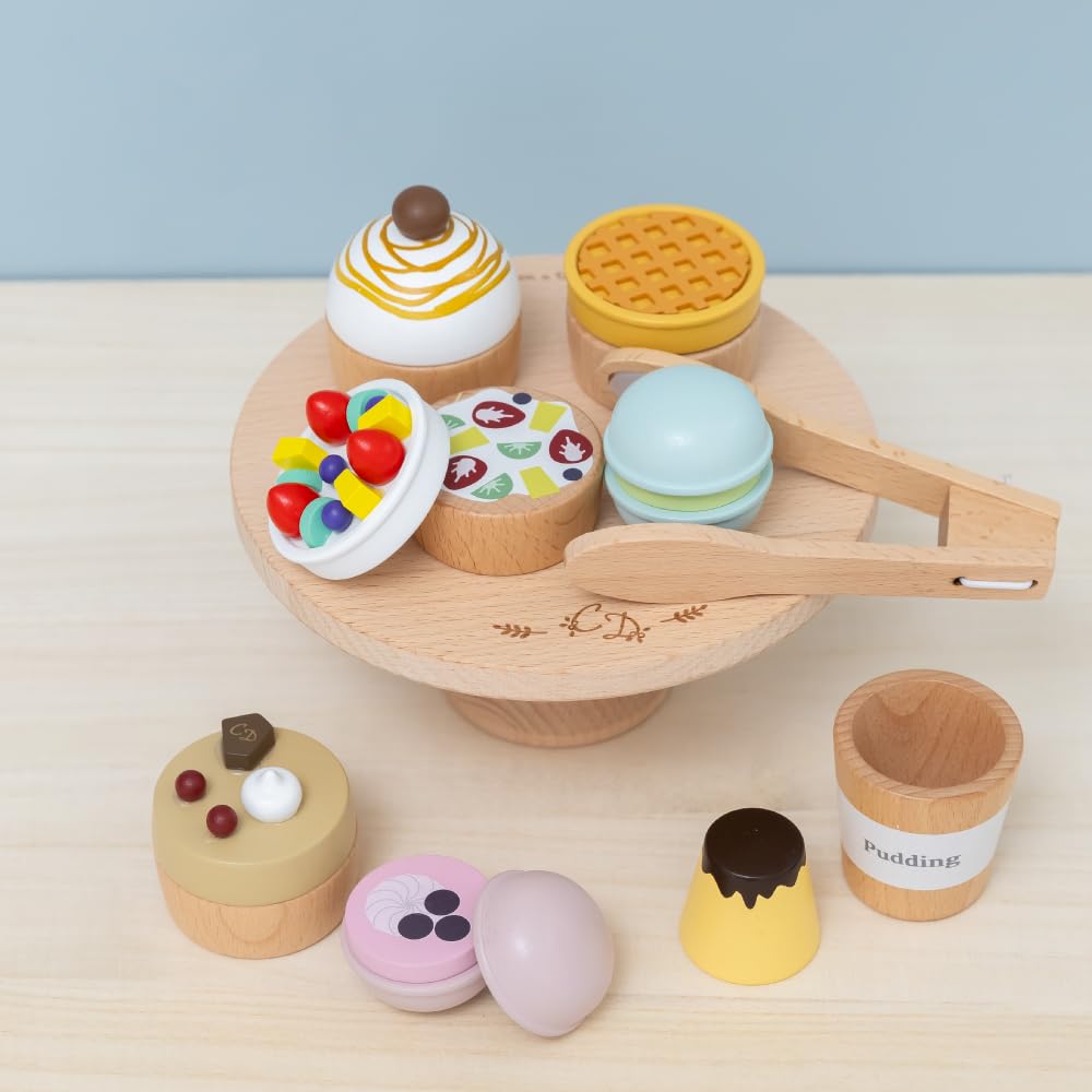 Daiwa Wooden Toy Sweets a collaboration with includes 7 a cake and Perfect for pretend play and cake shop Set, Calonstyle, sweets, stand, tongs. play.