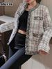Autumn Winter Small Shoulder Bag Style Vintage Round Neck Knit Chunky Tweed Short Jacket Women Casual Blazer Trendy