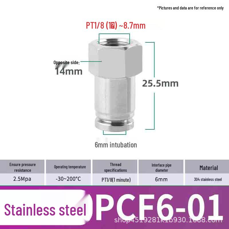Zhuo Ji 304 Stainless Steel PCF8-02 Push-to-Connect Pneumatic Hose Quick Connector, High-Temperature Resistant, Internal Thread Straight Fitting