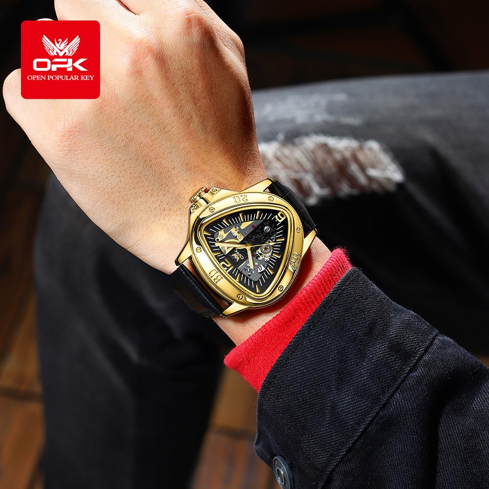 OPK Modny Oryginalny Zegarek Kwarcowy Dla Mężczyzn Luksusowa Trójkątna Tarcza Wodoodporny Luminescencyjny Skórzany Zegarek Dla Biznesmena