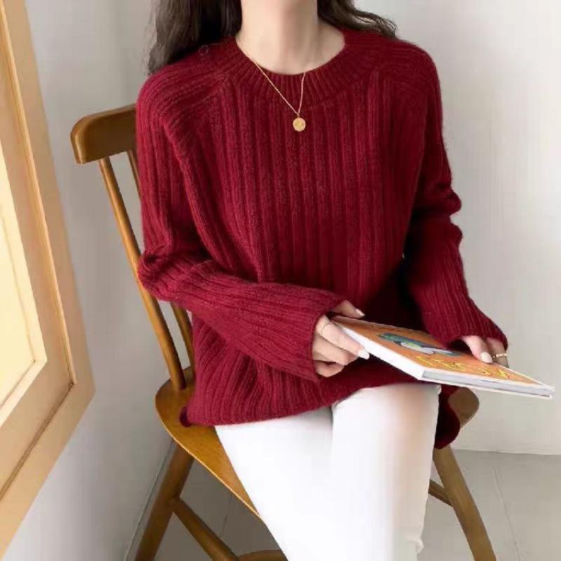 Women's Medium Length Knitted Wool Cardigan - Autumn/Winter Round Neck, Thick, Solid Color, Loose Fit