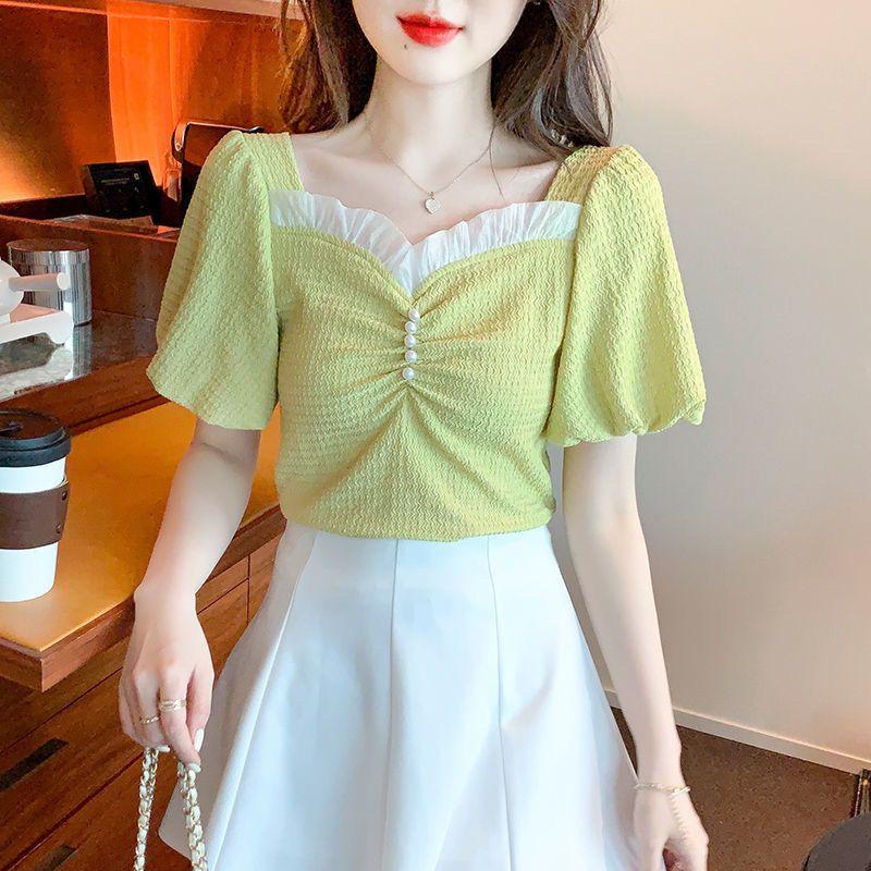 

WTEMPO Брендовая летняя женская рубашка с квадратным воротником и квадратным воротником, тонкий короткий топ с высокой талией и жемчугом, рубашки с v-образным вырезом и короткими рукавами XL зелёный