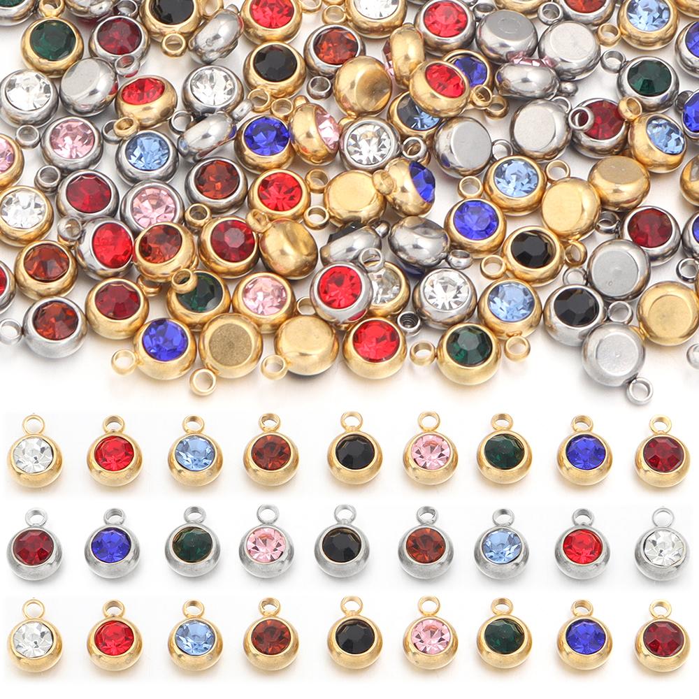 10Pcs Mini Birthstone Charms Stainless Steel Round Rhinestone Crystal Pendant for Jewelry Making DIY Necklace Bracelet Findings
