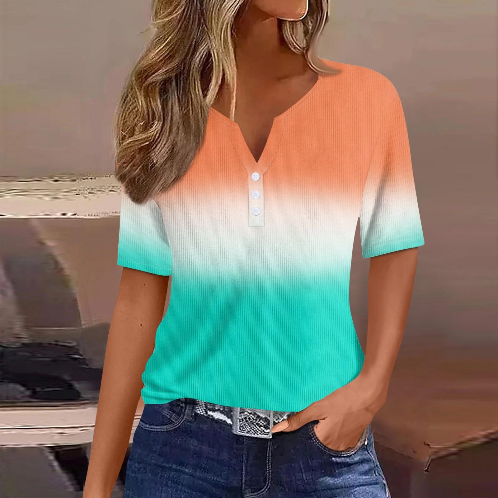 

Женская футболка с принтом на пуговицах, короткий рукав, туника, повседневная, выходного дня, модная, базовая, с V-образным вырезом, стандартный топ XXL оранжевый