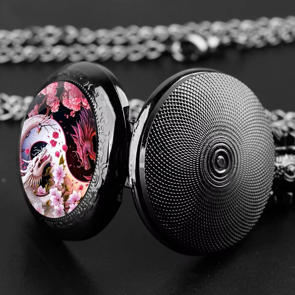 Vintage Retro White Pink Yin Yang Double Dragon Quartz Unisex Men Women Pocket Watch Quartz Necklace Pendant Clock Chain Classic Dial Jewelry Gift