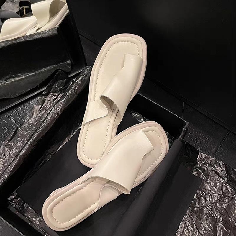 Cowhide Flip-flop Lady Summer New Solid Color Square Toe Modern Slippers Women Outdoor Shoes Korean Chic Low Heel Slides Female