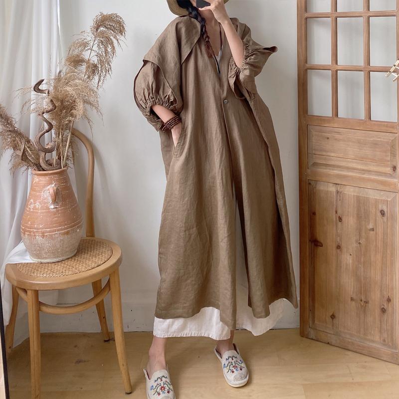 Johnature Long Vintage Casual V-neck Single Button Loose Slits All Match Women Coats