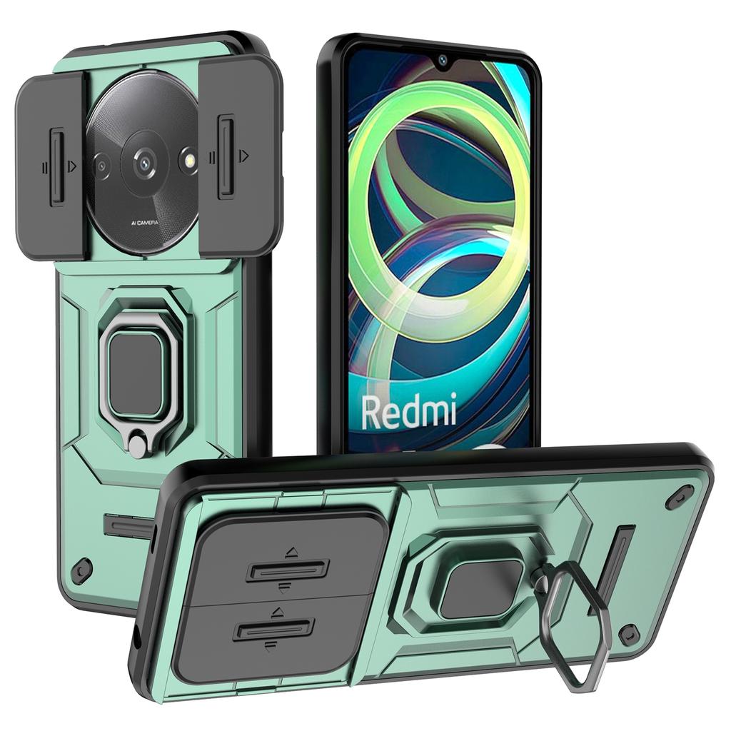 For Xiaomi Redmi A3 4G/Poco C61 4G Case with Slide Camera Cover Ring Kickstand PC+TPU Phone Shell Protector