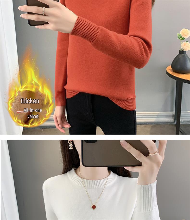 2025 Women's Fleece Knit Round Neck Sweater - Warm, Thick, Plus Velvet One-Piece Base Layer for Autumn/Winter