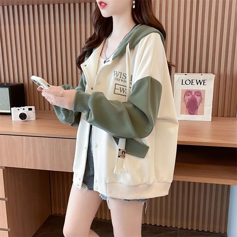 Damen Casual Neu Lockerer Cardigan Sweatshirt mit Samt und Verdickter Kapuzenjacke Locker Kontrastierend Baseball