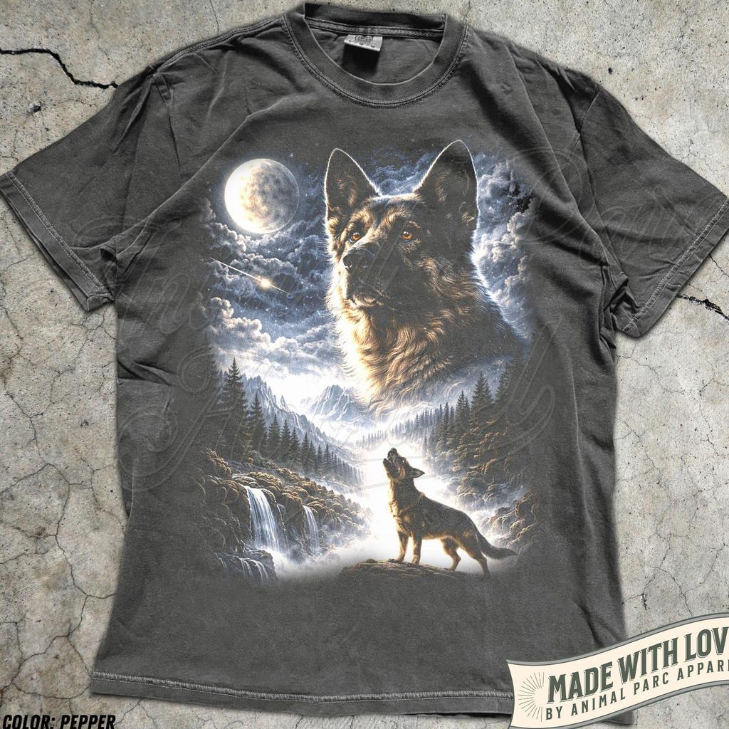 Deutscher Schäferhund heult zum Mond Shirt, Vintage Vollmond Tiere Tee, Lustiges Retro Hund Grafik-T-Shirt, 90er Jahre Tier-Shirt, Geschenk für Hundeliebhaber
