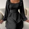 Women's Fashion Colour Square Neck Long Sleeve High Waist Dress