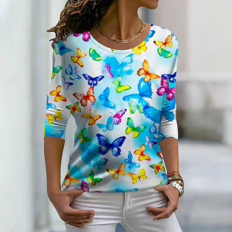 Women Autumn Tops Loose Blue Beautiful Butterfly Print Causal Long Sleeve T-shirt Top Blouse