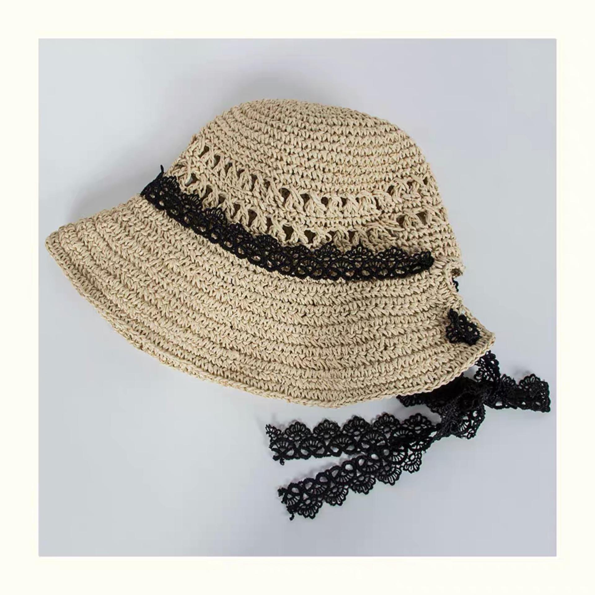 

Lace straw hat children summer small fresh travel sunscreen sunshade bucket hat tide lace-up face hat Adult (56-58cm) бежевий