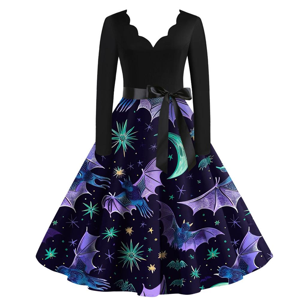 Lässiges Vintage-Kleid mit V-Ausschnitt und Halloween-Print für Damen