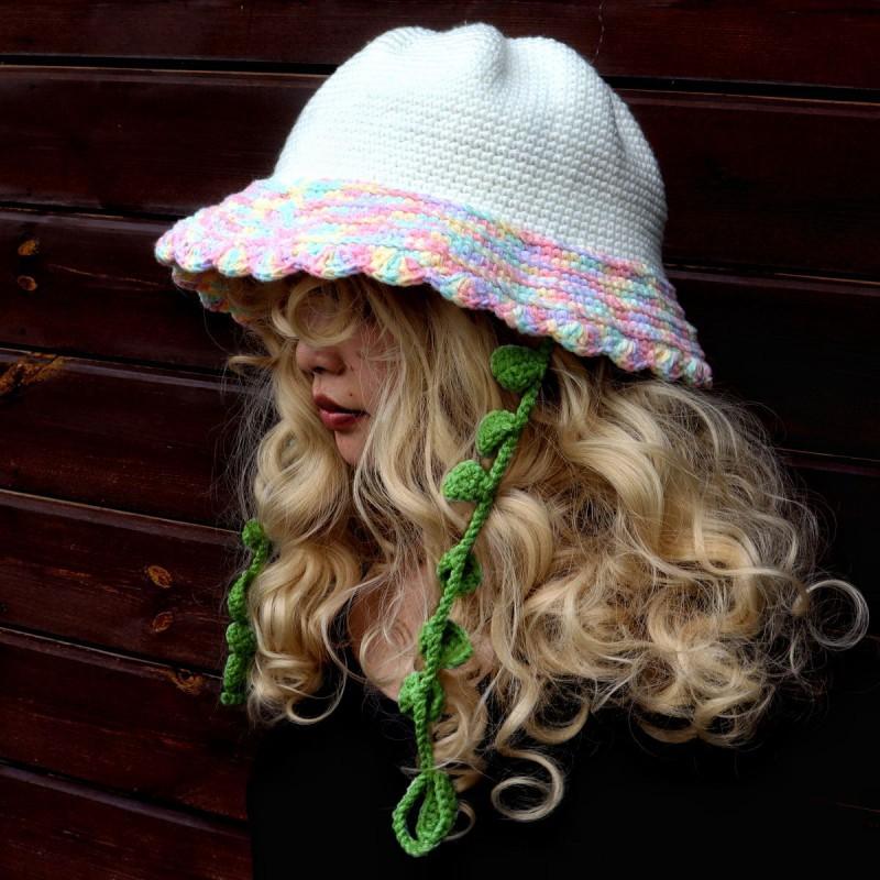 Korean Style Cute Wide Brim Bucket Hat Handmade Knit Cotton Sun Women Fall Winter