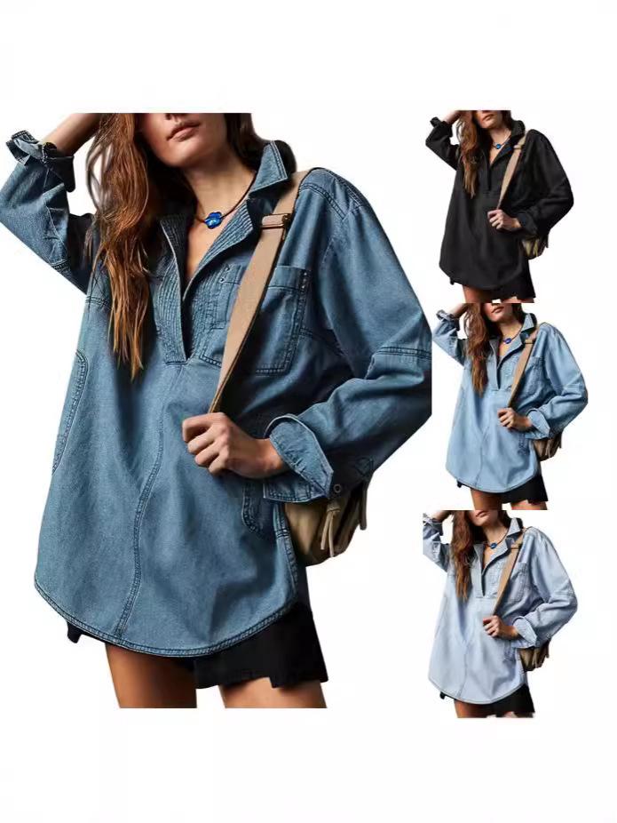2025 Denim V-Neck Jacket: New Euro-American Long Sleeve Casual Fashion