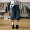 Women Plus Size High Waist Loose Wide Leg Embroidered Denim Capri Pants