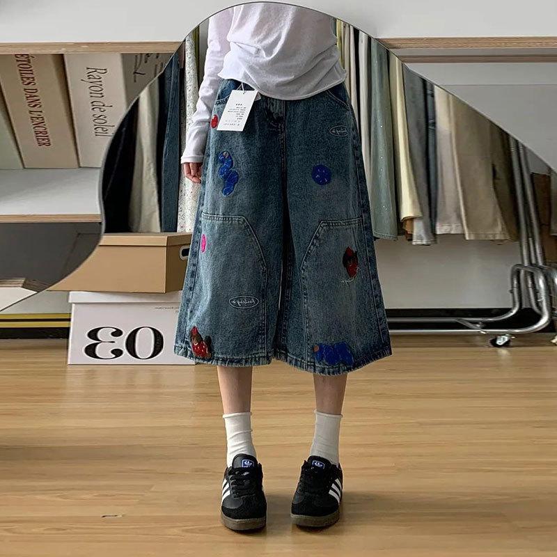 Women Plus Size High Waist Loose Wide Leg Embroidered Denim Capri Pants