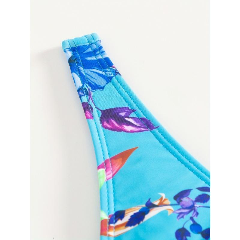 Women's Turquoise Floral Print Tankini Set V Neck Wrap Front Two Piece Modest Swimsuit with Shorts