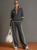 European Retro Casual Two-Piece Set: Zippered Waist-Cinch Sweatshirt & Striped Wide-Leg Pants