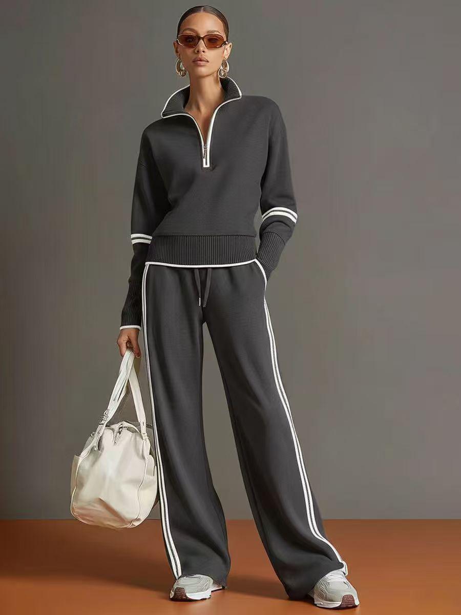 Europäisches Retro Lässiges Zweiteiliges Set: Kapuzenpullover mit Reißverschluss und Taillenzug & Gestreifte Weitbeinige Hose Extra Large dunkelgraue