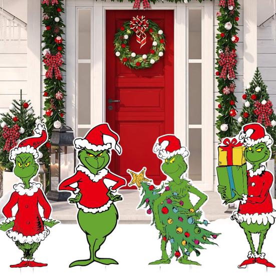 4Pcs/Set Christmas Green Elf Garden Stake Decoration Weather-proof Indoor Outdoor Yard Lawn Patio Pathway Green-haired Elf Sign Stake Ornament