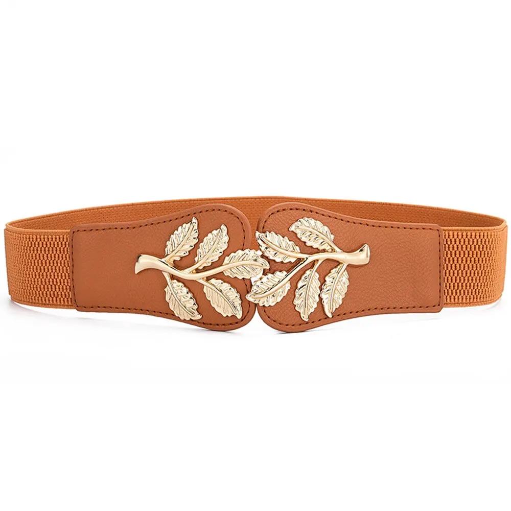 

Women s Waist Cover Fashionable Gold Leaf Elastic Waist Closure With Double Hook Buckle Wide Belt Paired With Skirt Women Belt оранжевый