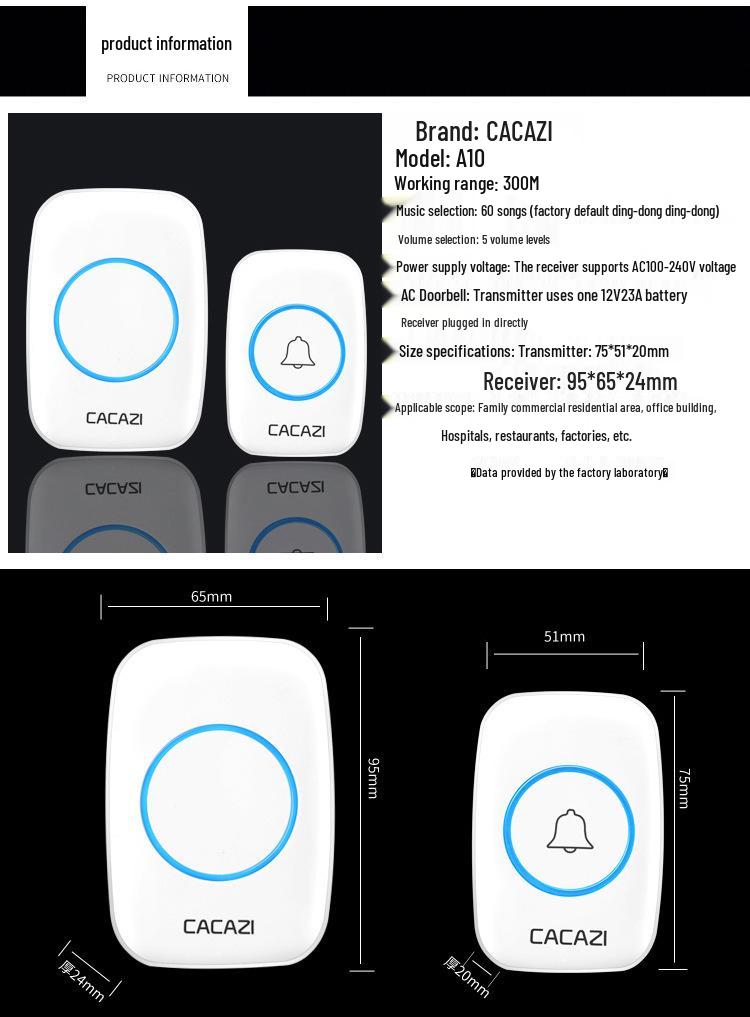 Long-Range Wireless Doorbell A10 with Remote Control and Smart Features for Elderly - European/American Design