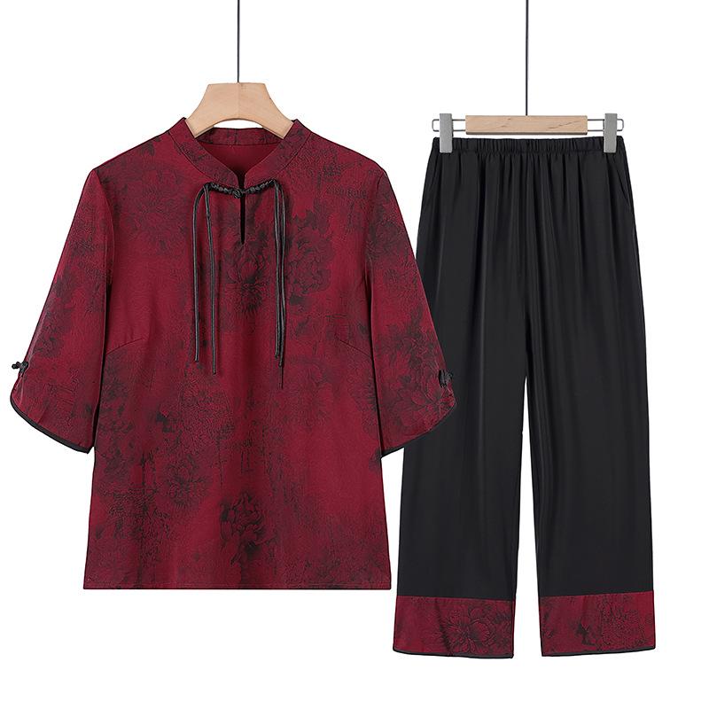 

Plus Size Elderly Women s Summer Two-Piece: Seven-Sleeve Pullover Top & Nine-Point Pants Set XXXL (121-135 jin) красный