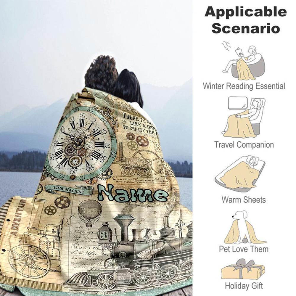 Train Clock Personalized Text Blanket Throw Personalized Blanket Soft & Cozy Suitable for Seaside Nap Bed Home Decor for All Occasions