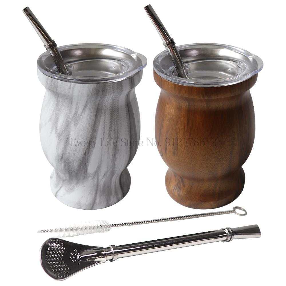 230ML Yerba Mate Cup 304 Stainless Steel Double Wall Argentine Yerba Mate Gourd With Bombillas and Cleaning Brush Coffee Tea Mug