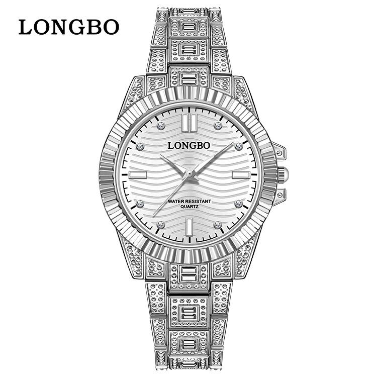 LONGBO 83611 Quartz Watches Waterproof Luminous Stainless Steel Calendar Full Diamond Gold Design Luxury Wristwatch for Couple