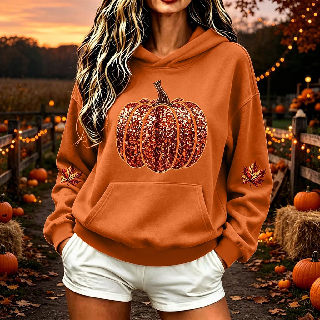 Women's Halloween Sequin Hoodie with Pumpkin Maple Leaf Print Casual Long Sleeve Pullover