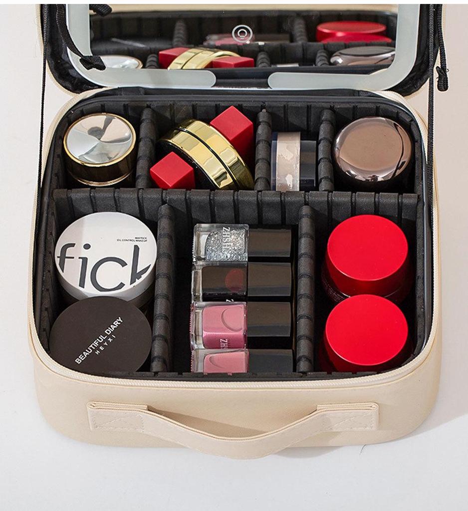 High-Grade LED Mirror Travel Makeup Bag for Women: Portable, Large Capacity, and Compartmentalized for Brushes