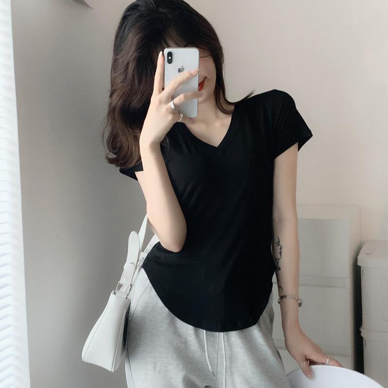 Modal Short-sleeved T-shirt for Women In Summer New V-neck Loose Slim and Versatile Irregular Top