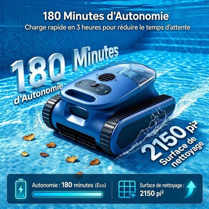 Robot Piscine sans Fil, Nettoie Sol/Parois/Ligne d’eau, 180Min&200m² d'Autonomie, Robot Aspirateur, Filtration Ultra-Fine, avec APP