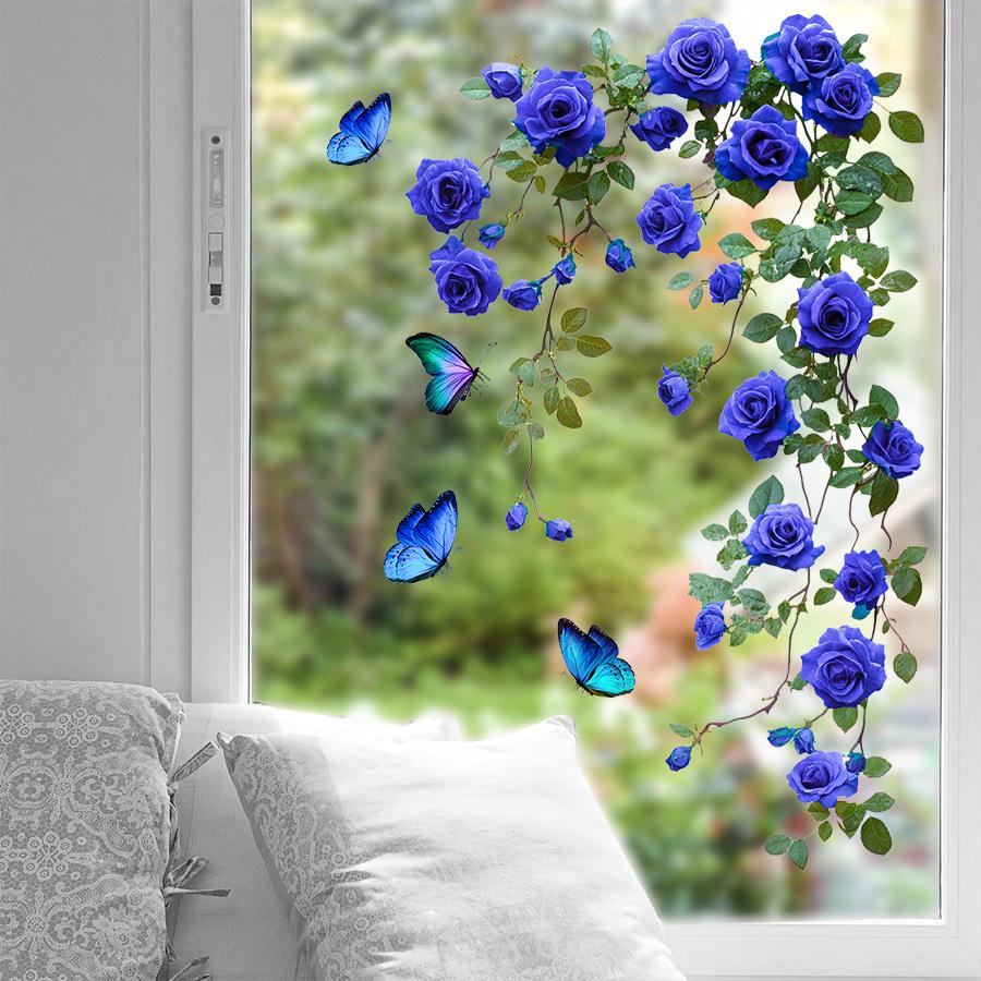 Dreamy Blue Flower Vine Strips Sticker Wall Decal, Refrigerator/Air Conditioner Glass Door Sticker