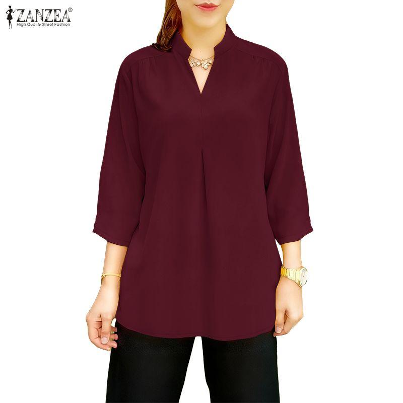 ZANZEA Damen Lockerer V-Ausschnitt 3/4-Ärmel Einfarbig Lässige Bluse